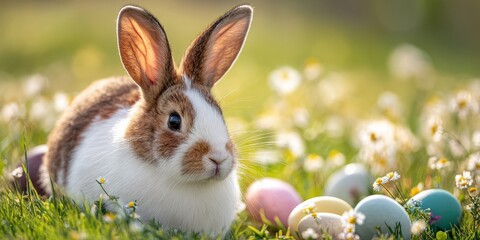 Obraz premium Cute rabbit lying in spring grass beside colorful Easter eggs and daisies in soft sunlight,