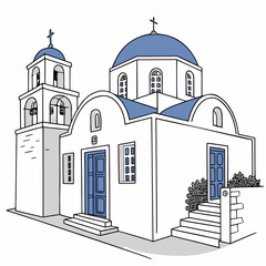 A serene white church with blue domes and a bell tower in a tranquil setting. Vector © rabby