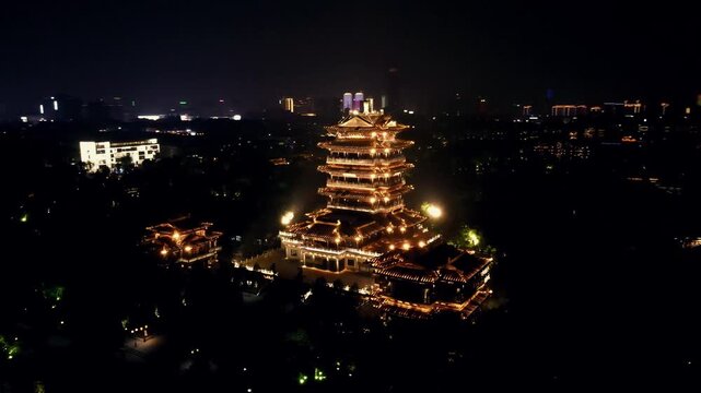 Daming Lake Tower Illuminated at Night - Jinan Aerial View