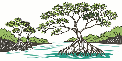 A serene landscape featuring mangrove trees growing in a calm body of water. Vector © rabby