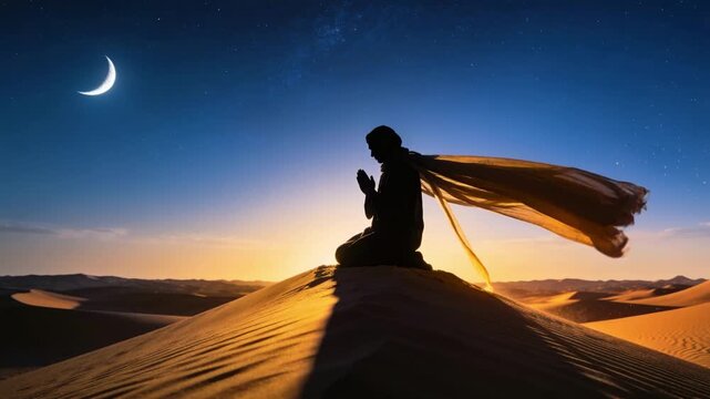 Silhouetted pilgrim praying alone on dune peak under crescent moon. Deep indigo sky