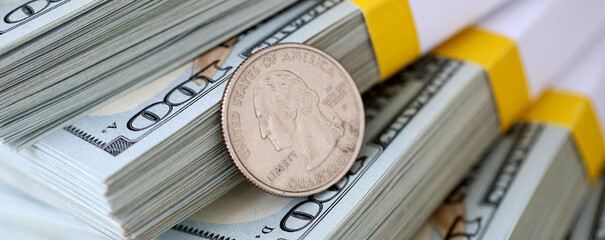 US coin lies among ten thousand dollars packs in stack on big amount of hundred dollar bills © Larysa