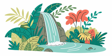 A serene tropical landscape with a waterfall, lush greenery, and vibrant wildlife. Vector © rabby