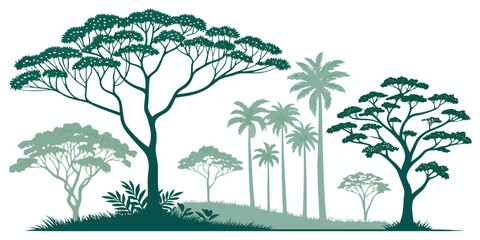 A serene forest scene with tall trees and a clear blue sky in the background. Vector © rabby