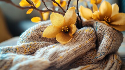Soft yellow magnolia blossoms on knitted scarf