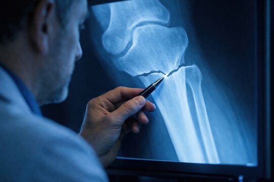 A doctor points to a bone fracture on a digital X-ray scan. Professional medical diagnostic scene showing injury analysis. Ideal for healthcare and trauma related content.