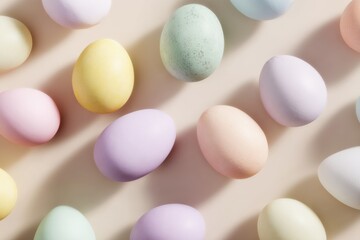Pastel colored eggs arranged on a light background with soft shadows, creating a minimal spring and Easter holiday theme,