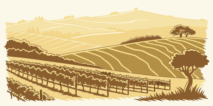 A picturesque landscape of rolling hills and vineyards under a clear blue sky. Vector