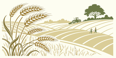 A serene landscape with tall grass and a distant tree under a clear blue sky Vector © rabby