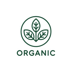 Fototapeta premium A circular green logo featuring three leaves and the word organic below