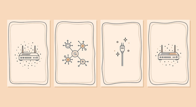 Network Router, Molecule, USB Cable, and Router Icons on Beige Background