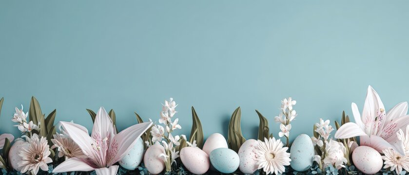 Pastel Easter eggs and spring flowers arranged in a row on a blue background with copy space,
