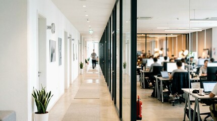 Unidentified figure strolling past an active modern open-plan office in a clean brightly lit corporate corridor