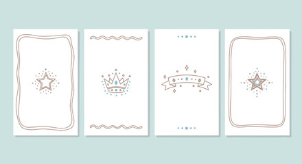 Set of four minimalist greeting cards with hand-drawn decorative elements and soft pastel background. © filterJU