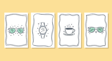 Four doodle cards with sunglasses, watch, and coffee cup on yellow background
