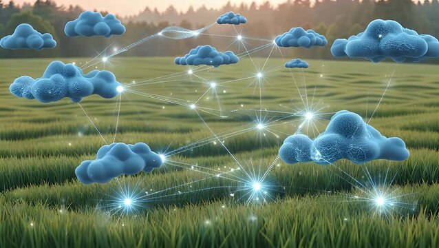 Dreamlike blue cloud on green lanscape, digital innovation concept The visual of abstract cloud computing with connected glowing points on meadow landscape, symbolizing cloud computing, financial tec