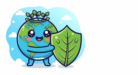 Obraz premium Earth Character Hugging Green Leaf Shield