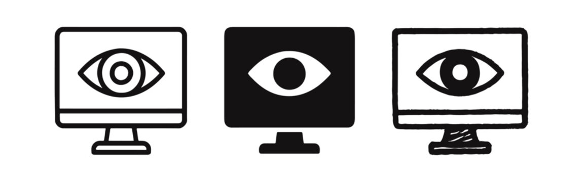 Computer monitor with eye icon set. Digital surveillance, security, and online observation symbol.