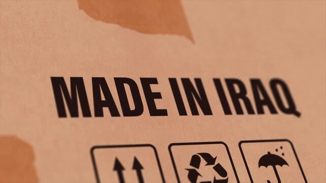 Made in IRAQ Label on Cardboard Box, Animated IRAQ Manufacturing Export Concept