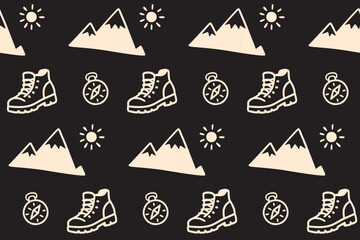 Fototapeta premium Mountain hiking gear retro illustration seamless pattern on background for outdoor. Trekking equipment repeat pattern simple line for adventure. Pattern with hiking boots, mountains, compass, sun