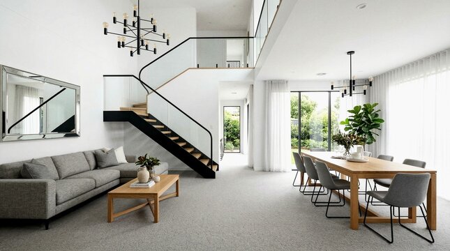 Luxurious Residential Interior Showcasing Contemporary Open Plan Design with Elegant Staircase and Abundant Daylight
