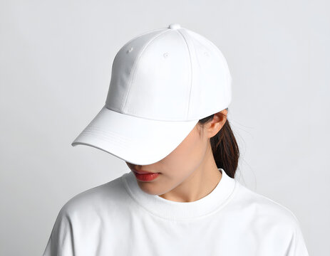 A person wearing a plain white cap and t-shirt against a light background