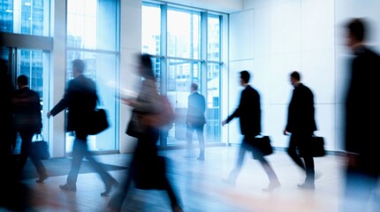 Business Commuters Purposefully Striding Through a Sleek Corporate Atrium with Cool Blue Motion Blur
