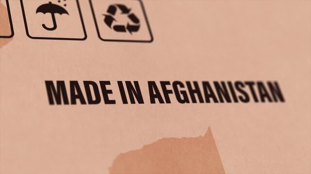 Made in AFGHANISTAN Label on Cardboard Box, Animated AFGHANISTAN Manufacturing Export Concept