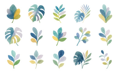 Obraz premium PNG Colorful watercolor tropical leaves, transparent background