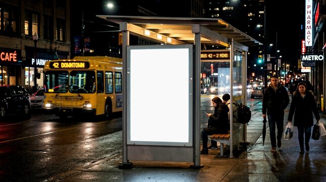 Downtown Pedestrians Waiting for Public Transit at Illuminated Bus Stop on Wet Night City Street with Billboard Mockup