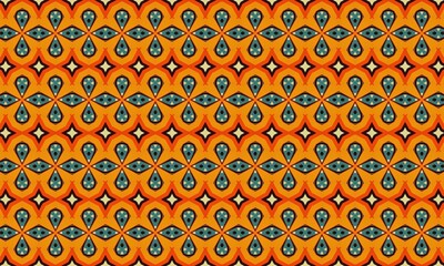Vibrant orange and blue patterned background with repeating floral motifs and geometric shapes in a seamless design