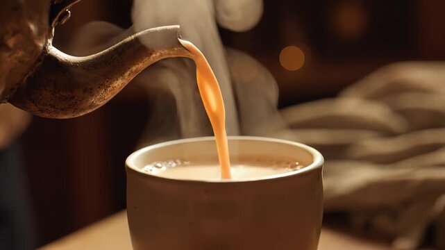 Pouring Hot Indian Chai Tea into a Traditional Clay Cup Steaming