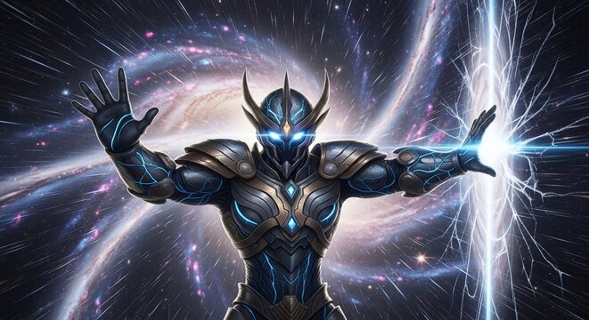 Powerful superhero in cosmic armor.