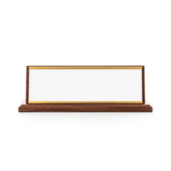Elegant desk nameplate with a wooden base and blank white surface, isolated on white background, featuring a sleek gold trim