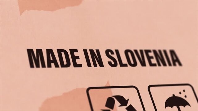 Made in SLOVENIA Label on Cardboard Box, Animated SLOVENIA Manufacturing Export Concept