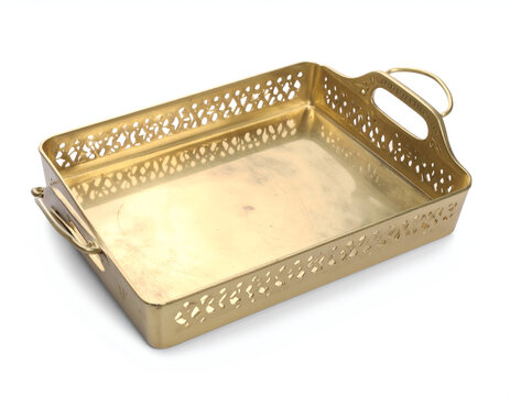 Ornate gold rectangular serving tray with ornate handles