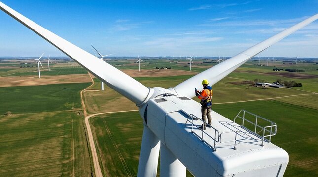 Renewable Energy Engineer Utilizing Mobile Device on Wind Turbine Nacelle Over Sprawling Green Farmland