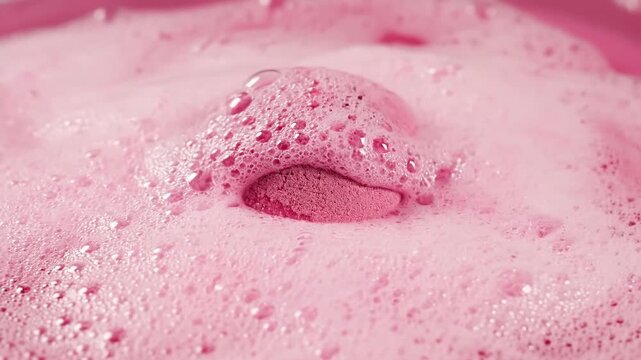 Closeup of a pink bath bomb dissolving in water creating foam.