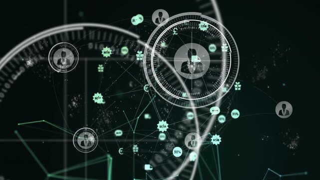 Business avatar snapping into focus, HUD ring sweeping in, rings highlighting network for selection
