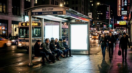 Obraz premium Urban Commuters Patiently Waiting at a Downtown Bus Stop on a Wet Night with Neon Glow and Blurry Traffic