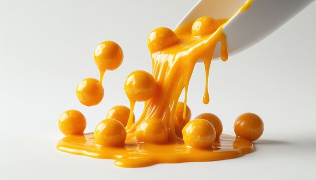 A mixture of round yellow objects rolls and pools on a white surface. The yellow objects create a vivid scene with their bright yellow color and smooth texture.