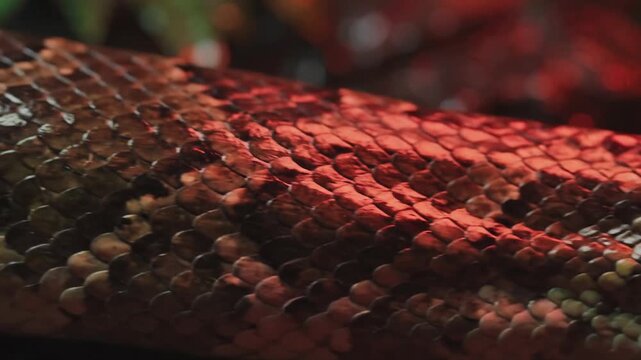 Close-up of a snake's head and scales with red lighting, slow motion
