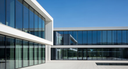 Modern office building with sleek glass facade and clear blue sky
