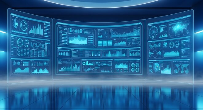 Immersive futuristic command center displays vast amounts of complex blue digital data analytics charts graphs and world maps across a panoramic curved screen array