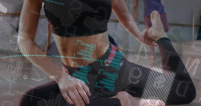 Vertical video: Fitness woman after instructor cue, deepening quad stretch as HUD guiding alignment