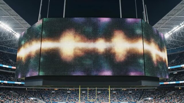 Football stadium view with large scoreboard displaying colorful graphics. Football field features goal posts and crowd in the stands enjoying the game atmosphere.
