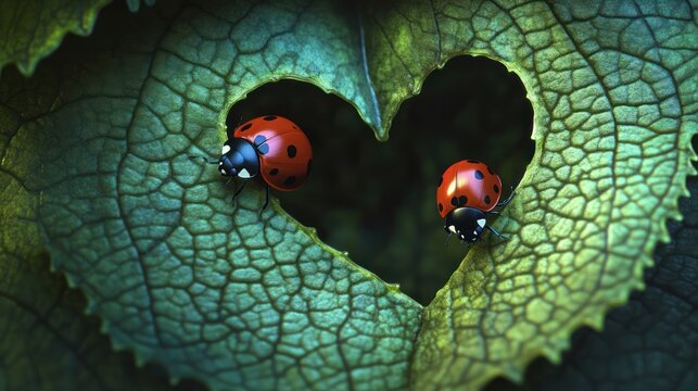 Ladybugs in heart-shaped leaf hole. Nature photography, ideal for love or ecological themes