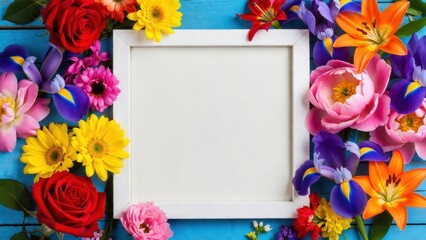 Obraz premium Blank square frame surrounded by mixed colorful flowers.
