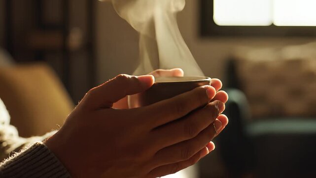 Cozy Hands Holding Steaming Cup of Hot Drink in Sunlit Room