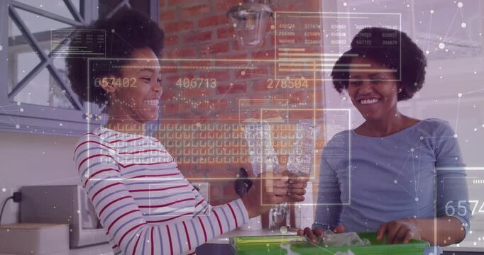 Teenager opening bottle pouring into bin mom sorting HUD over hands bin showing recycling kitchen
